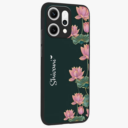 Lotus Bloom Serenity Custom Name Glass Case upright view showcasing serene lotus bloom artwork with personalized floral aesthetic.