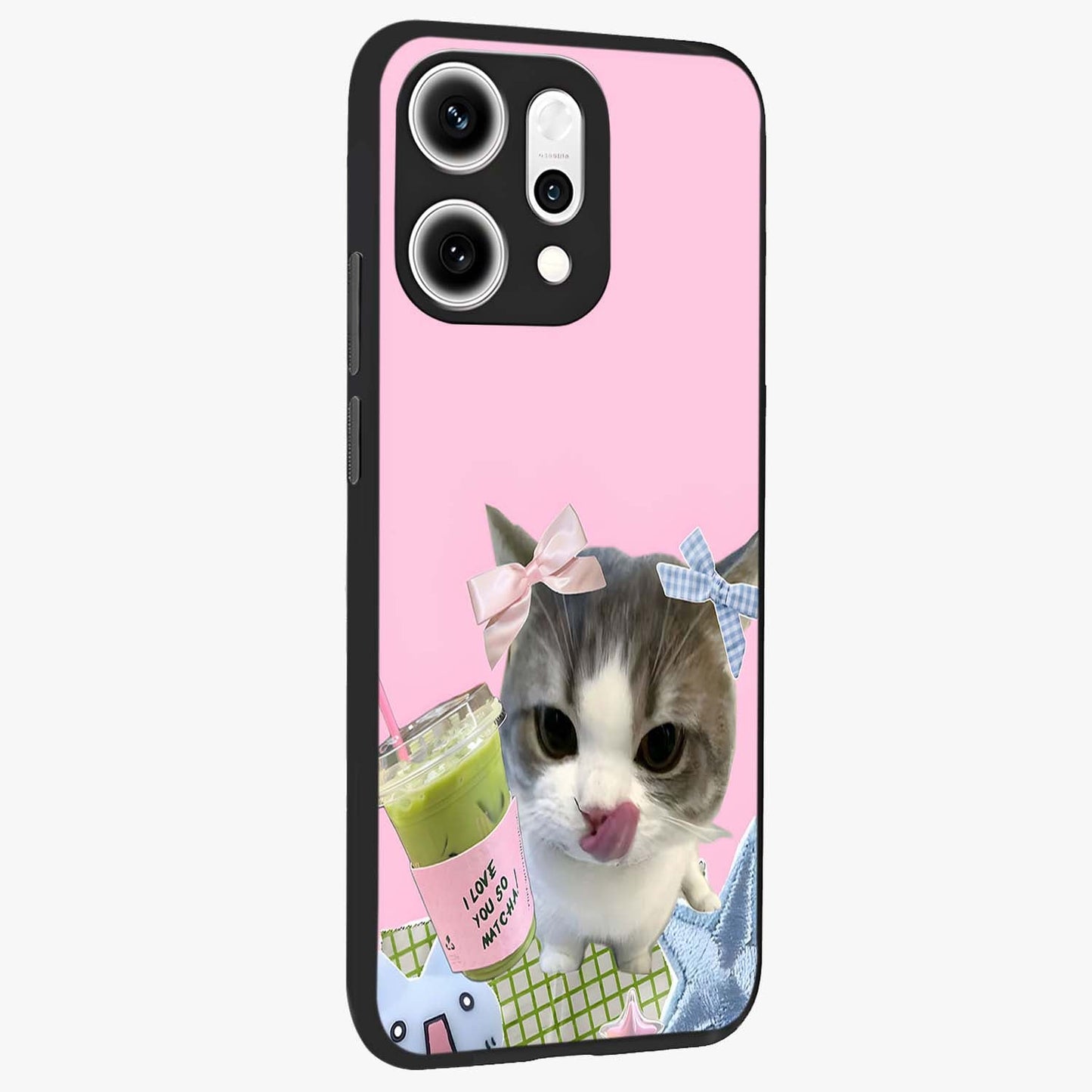 Love Matcha Cat Glass Case upright view showcasing adorable cat artwork with charming matcha themed design.