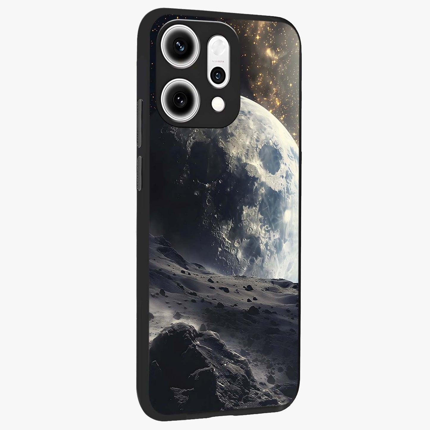Lunar Horizon Glow Glass Case upright view showcasing radiant lunar artwork with calm cosmic theme.