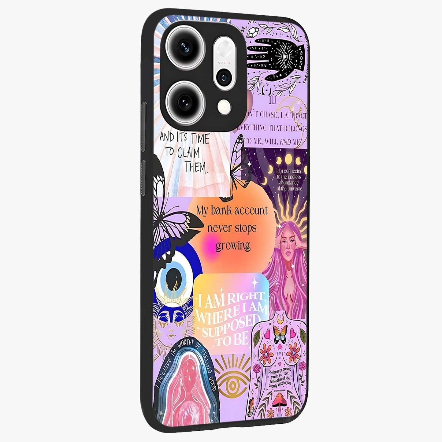 Manifestation Collage Glass Case upright view showcasing artistic manifestation themed artwork with creative style.