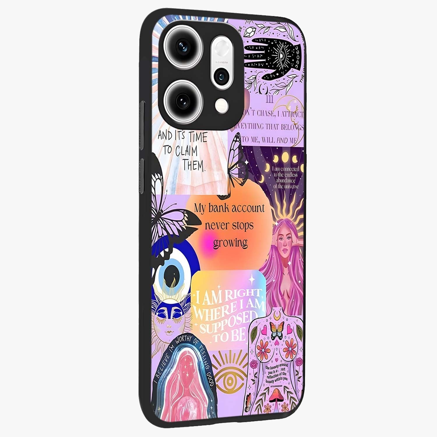 Manifestation Collage Glass Case upright view showcasing artistic manifestation themed artwork with creative style.