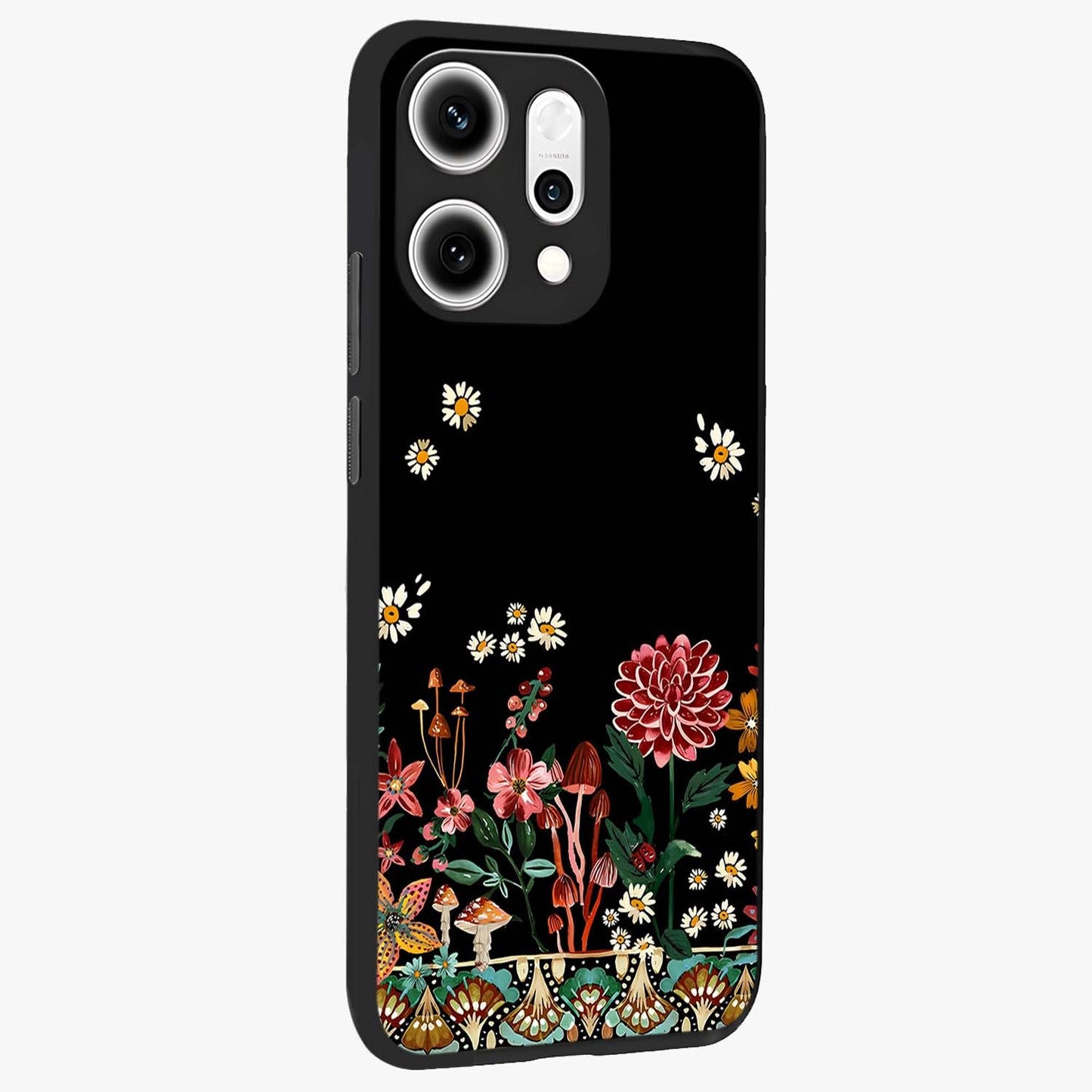Midnight Bloom Pattern Glass Case upright view showcasing decorative floral artwork with deep night themed palette.