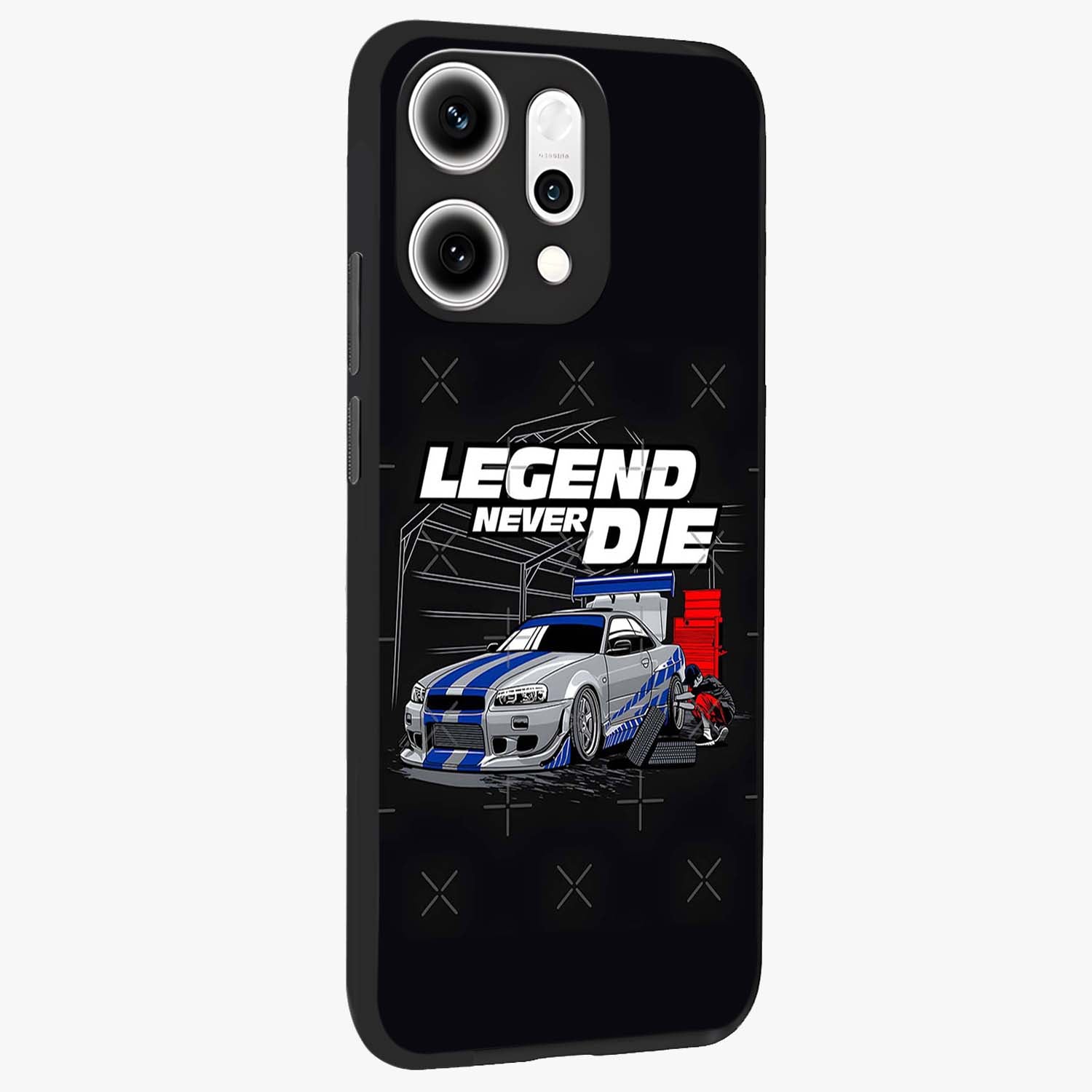 Midnight Racing Legacy Glass Case upright view showcasing powerful racing artwork with modern sports theme.