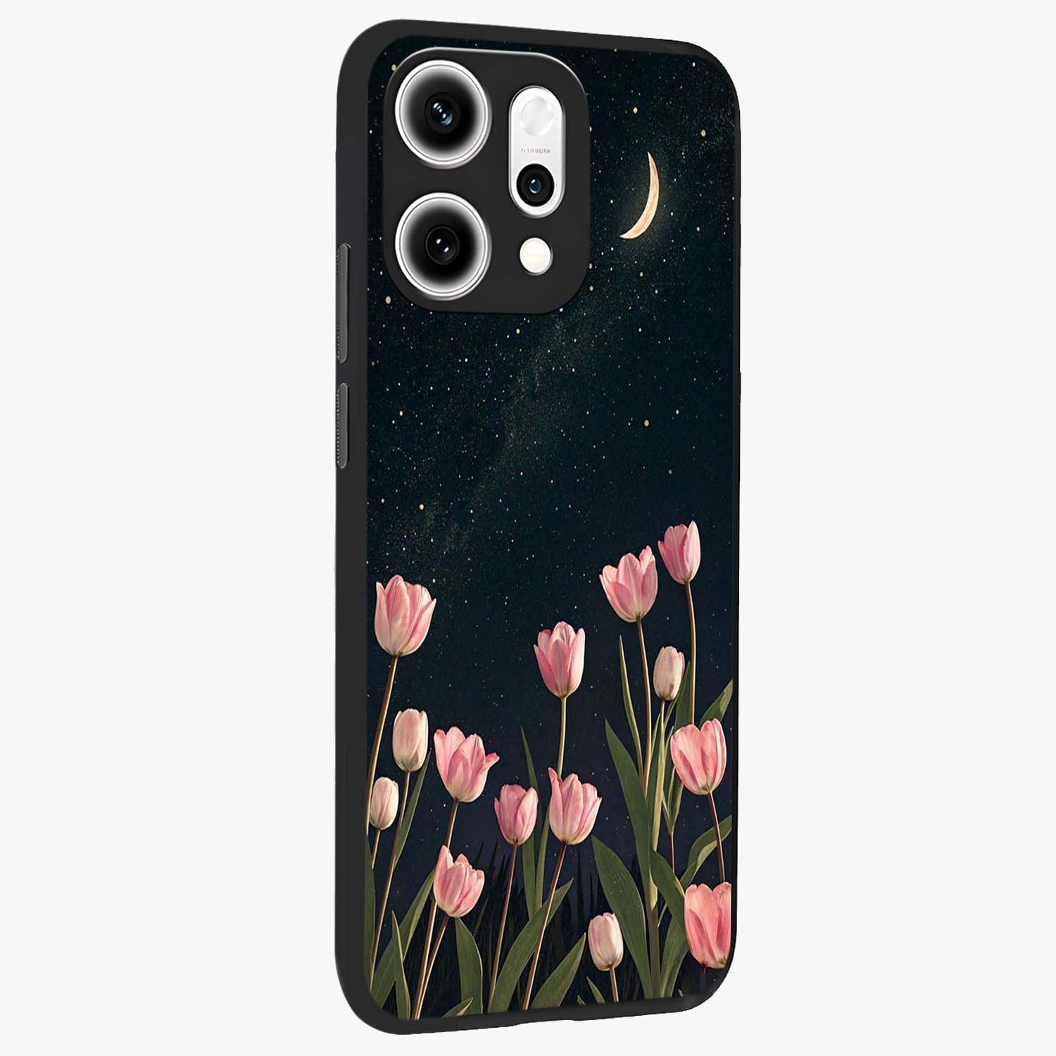 Midnight Tulip Whispers Vibe Glass Case upright view showcasing graceful tulip artwork with calm botanical theme.