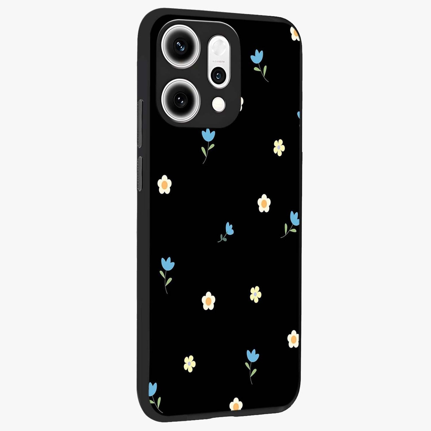 Minimal Petal Whispers Glass Case upright view showcasing elegant floral artwork with modern minimalist style.
