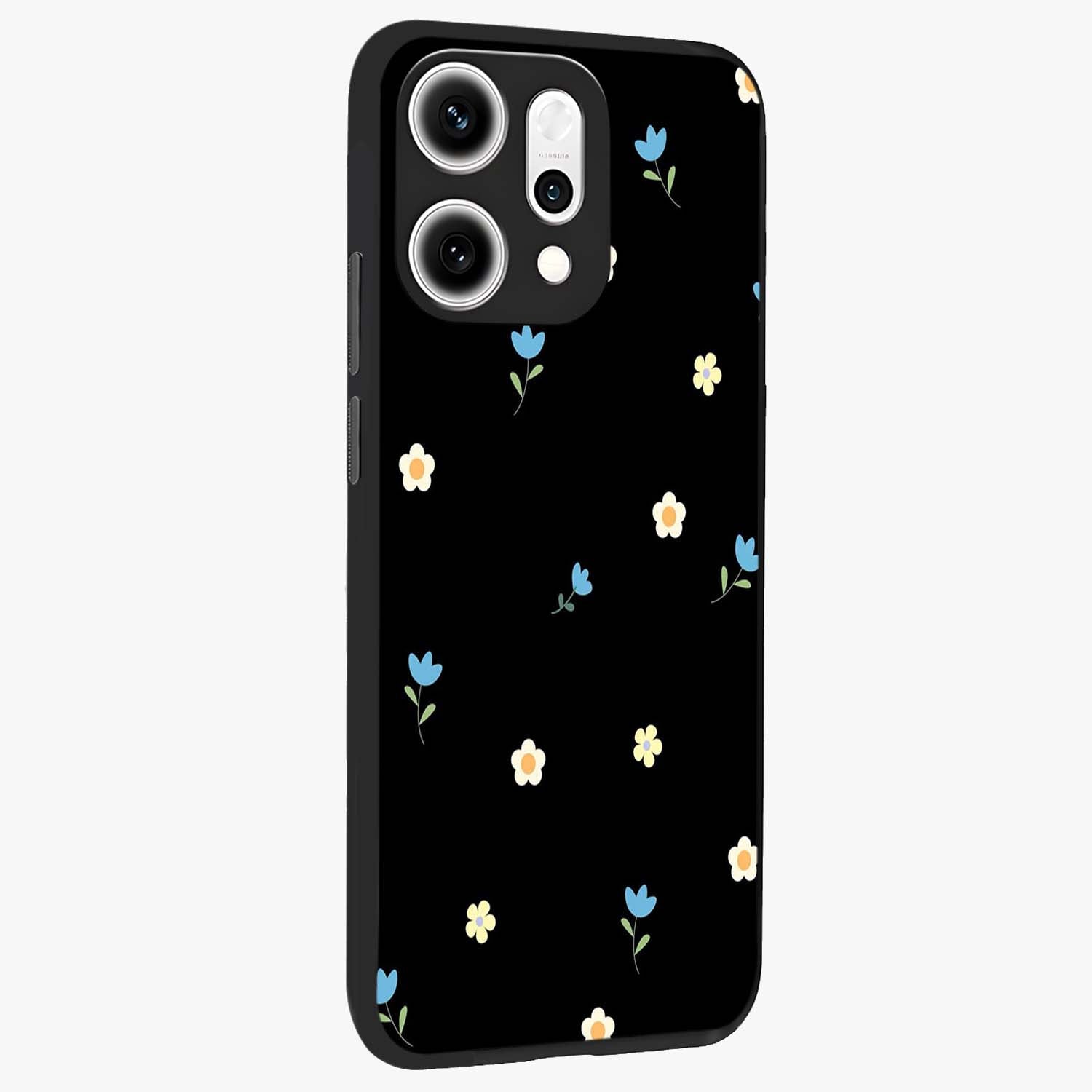 Minimal Petal Whispers Glass Case upright view showcasing elegant floral artwork with modern minimalist style.