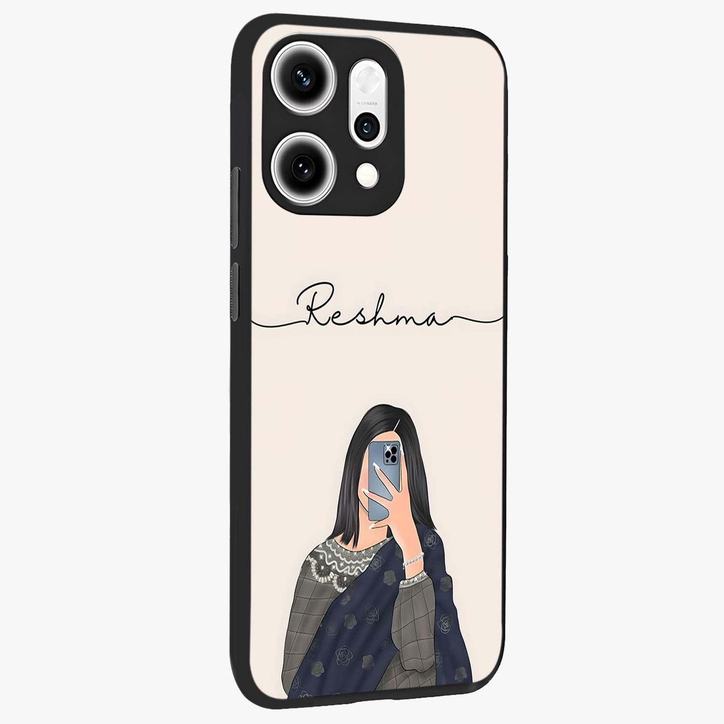 Mirror Mood Muse With Custom Name Glass Case upright view showcasing artistic mirror themed artwork with personalized aesthetic.