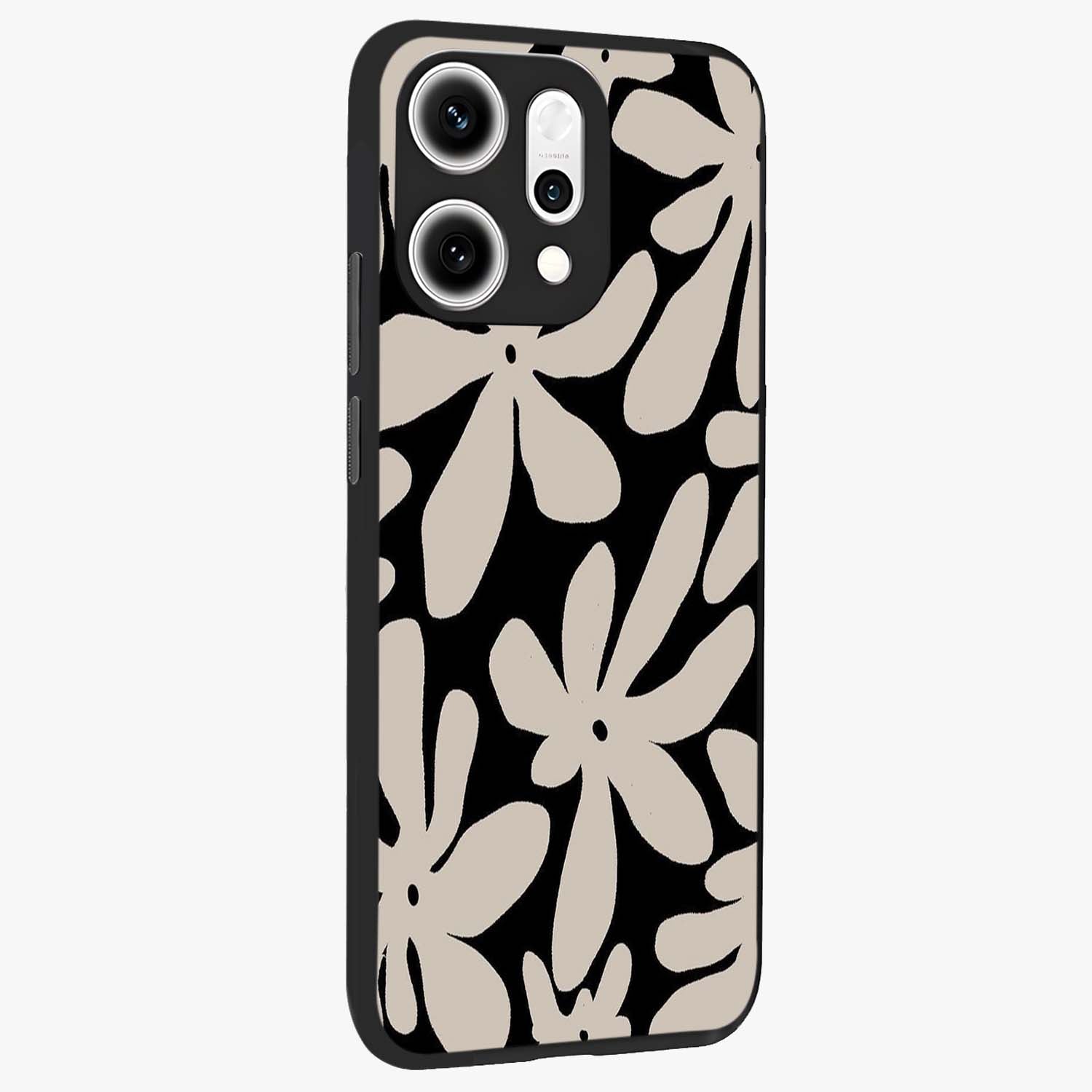 Monochrome Petal Dance Glass Case upright view showcasing artistic floral pattern with stylish monochrome theme.