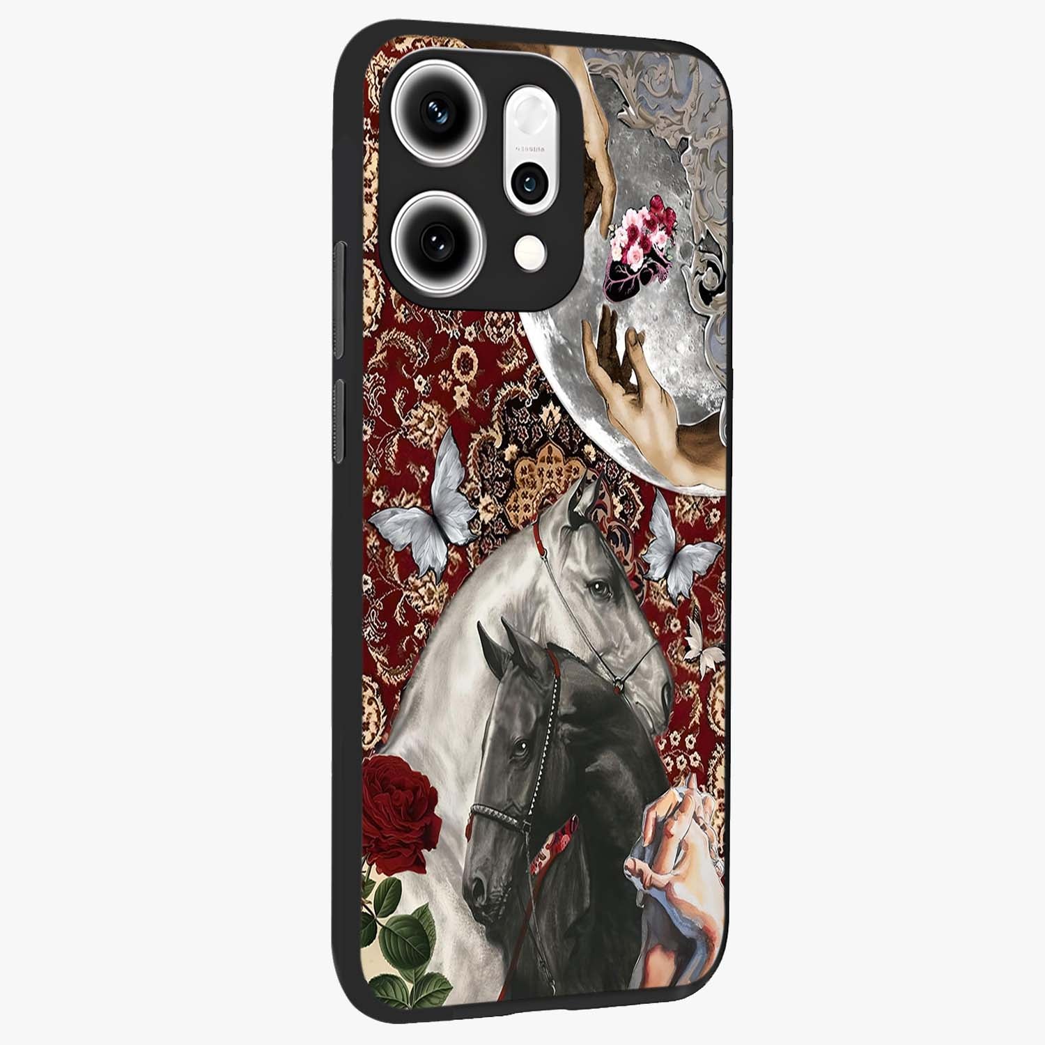 Moonlit Royal Stallion Glass Case upright view showcasing dramatic horse artwork with glowing moon themed design.