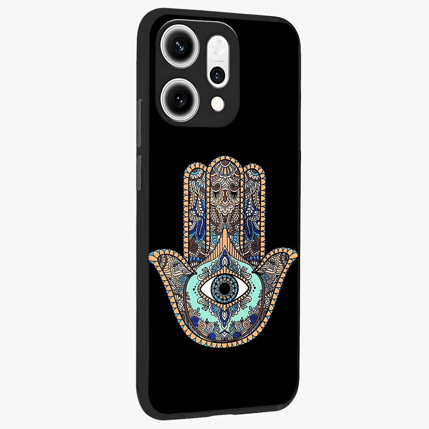 Mystic Hamsa Eye Glass Case upright view showcasing detailed hamsa eye artwork with protective spiritual theme.