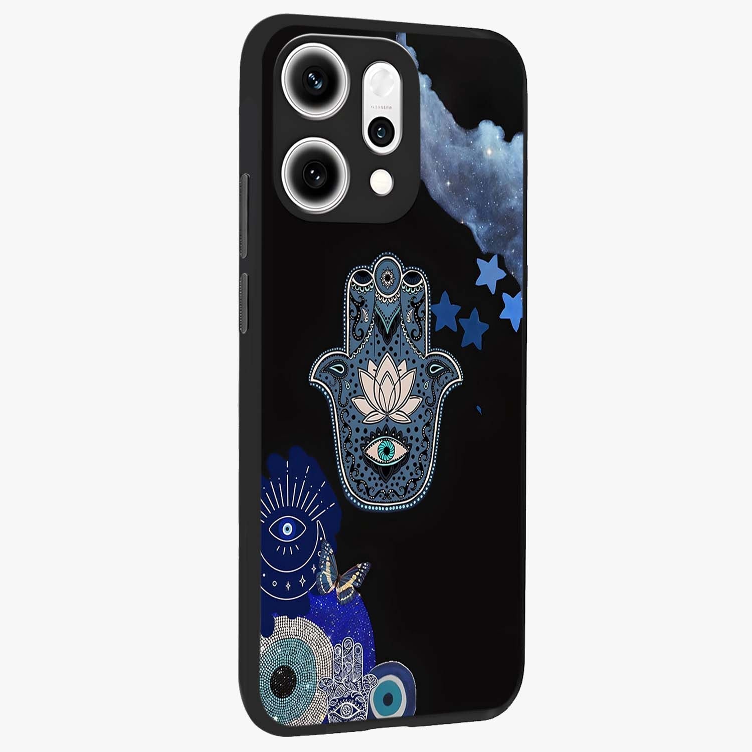 Mystic Hand Aura Glass Case upright view showcasing symbolic hand artwork with mystical energy theme.