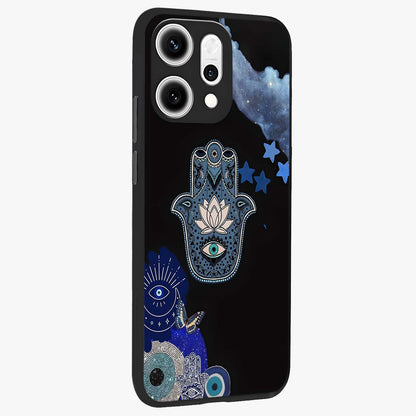 Mystic Hand Aura Glass Case upright view showcasing symbolic hand artwork with mystical energy theme.