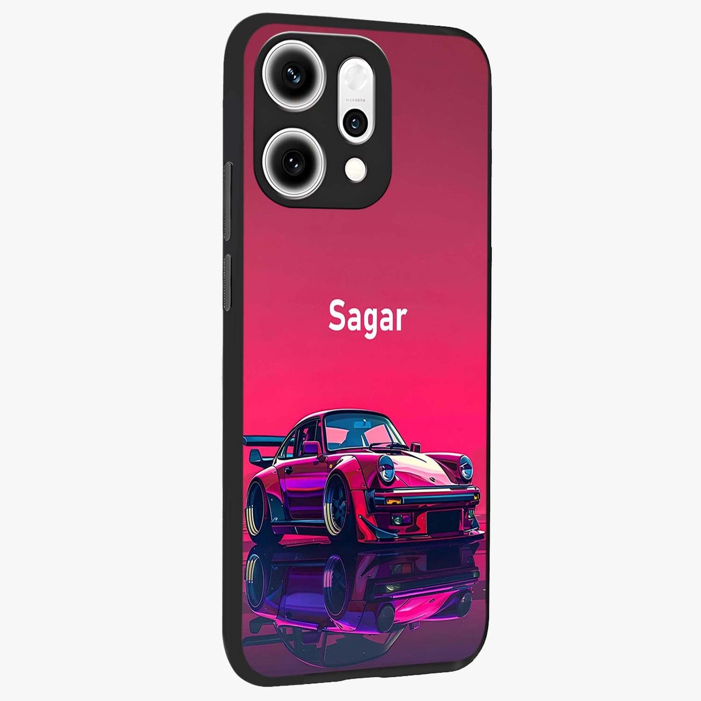 Neon Pink Porsche Glass Case upright view showcasing vibrant sports car artwork with bold automotive theme.