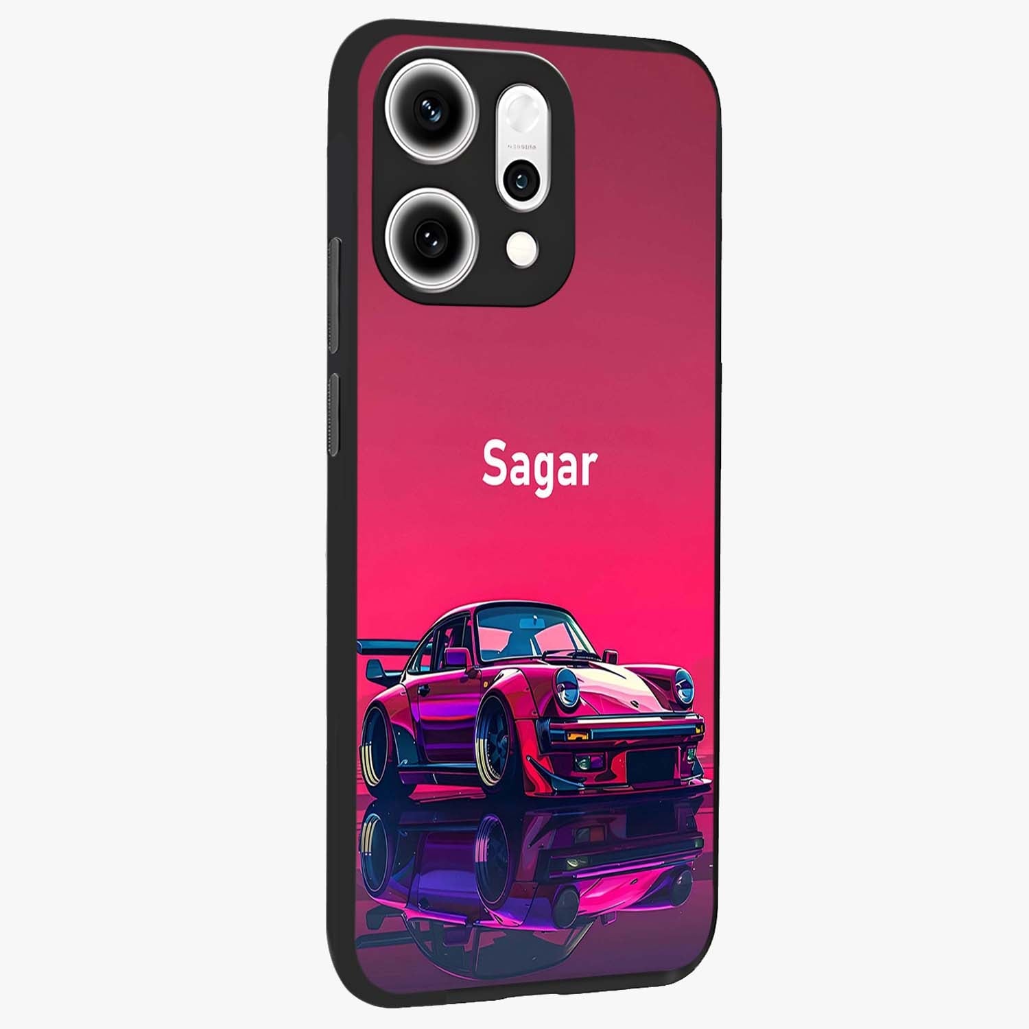 Neon Pink Porsche Glass Case upright view showcasing vibrant sports car artwork with bold automotive theme.