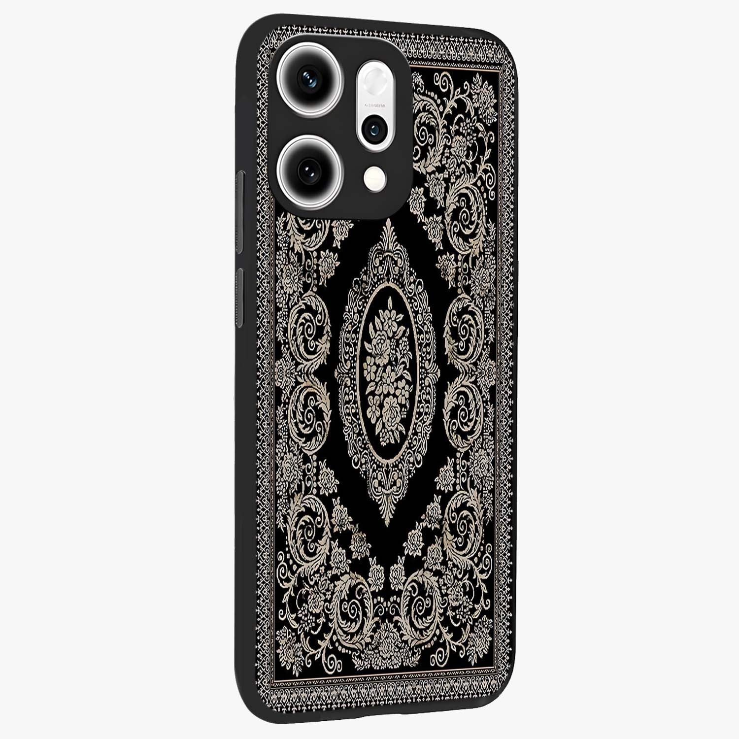 Noir Bloom Elegance Glass Case upright view showcasing graceful floral artwork with luxurious dark theme.