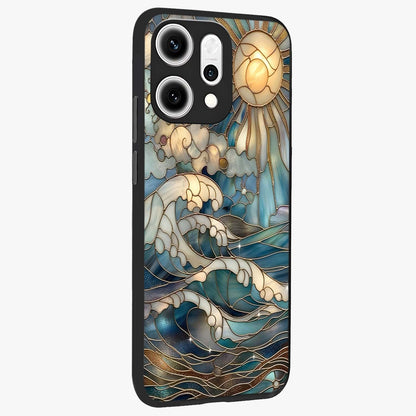 Oceanic Stained Printed Glass Case upright view showcasing decorative ocean pattern artwork with vibrant marine theme.