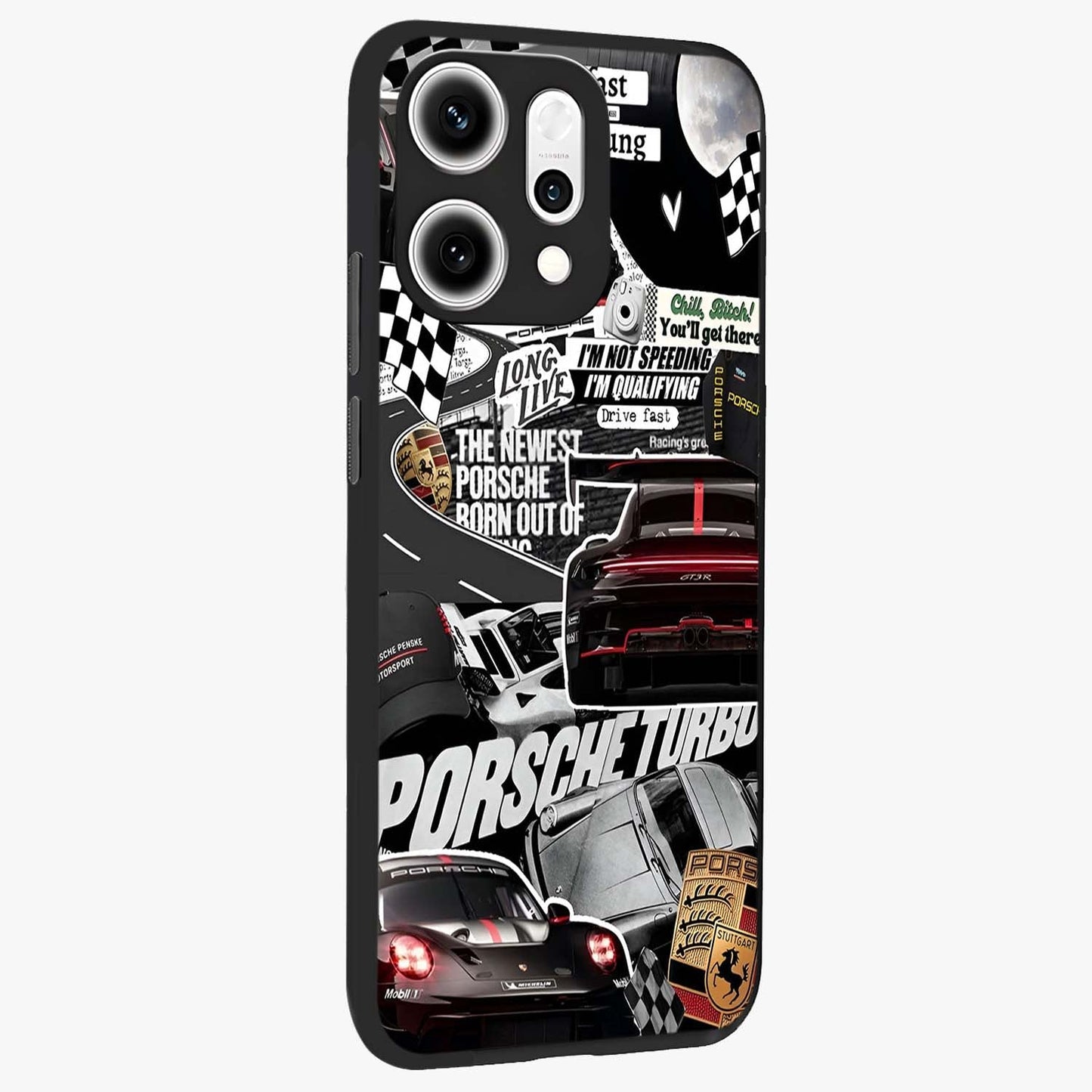 Porsche Racing Collage Glass Case upright view showcasing energetic car collage artwork with high speed racing theme.