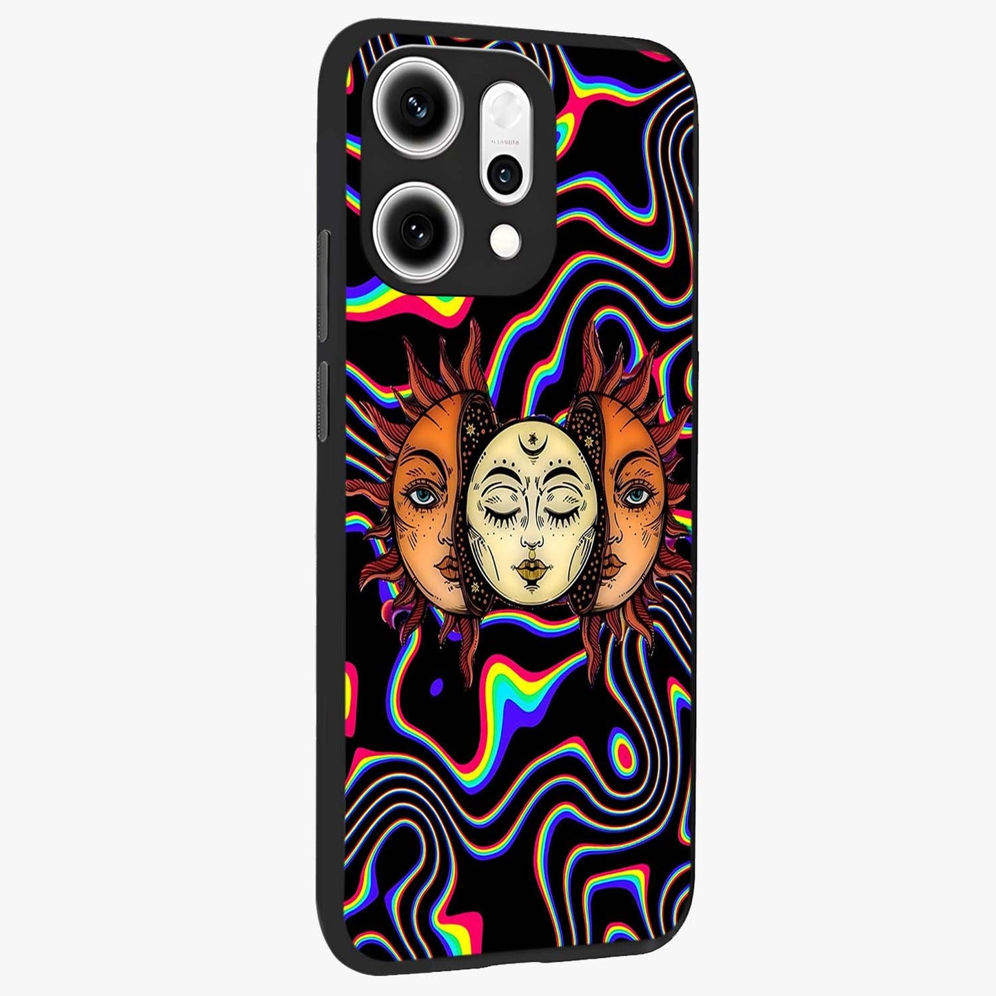 Psychedelic Sun Glass Case upright view showcasing trippy sun artwork with bold psychedelic theme.