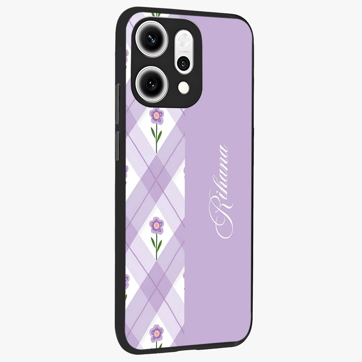 Purple Diamond Floral Glass Case upright view showcasing vibrant floral artwork with stylish geometric theme.