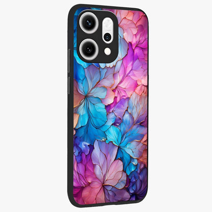 Radiant Floral Whirl Glass Case upright view showcasing lively floral artwork with decorative swirl theme.