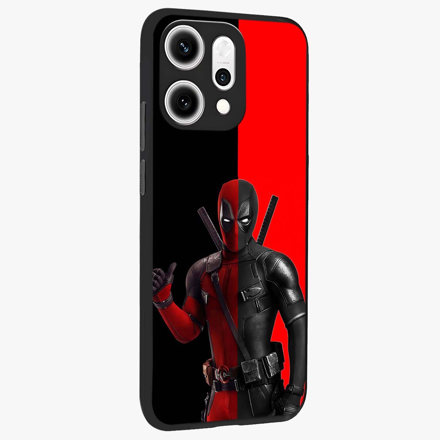 Red & Black Deadpool Theme Glass Case upright view showcasing energetic comic themed artwork with striking red and black design.
