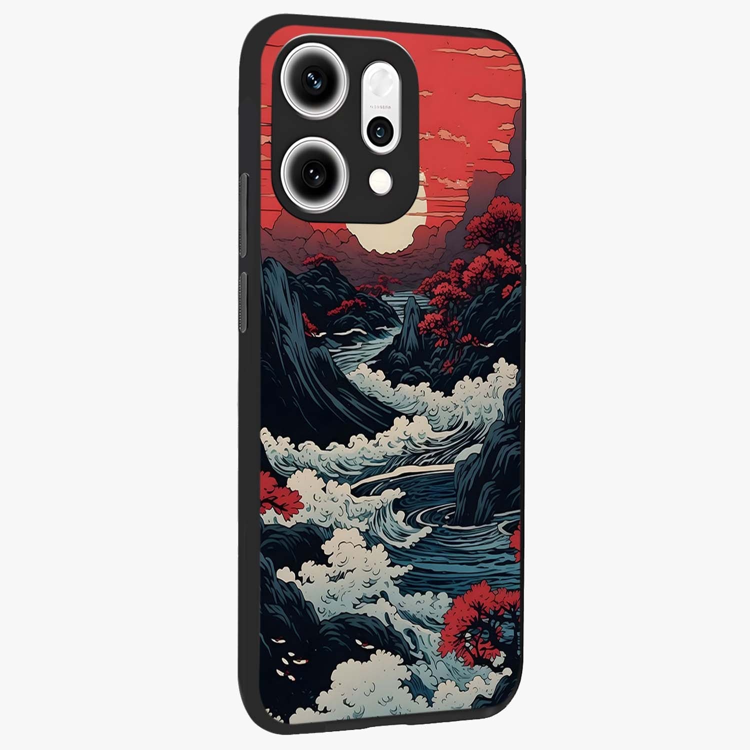 Red Sunset Scenery Glass Case upright view showcasing dramatic sunset scenery artwork with warm nature theme.