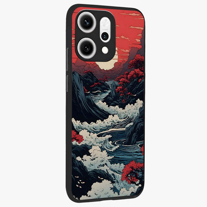 Red Sunset Scenery Glass Case upright view showcasing dramatic sunset scenery artwork with warm nature theme.