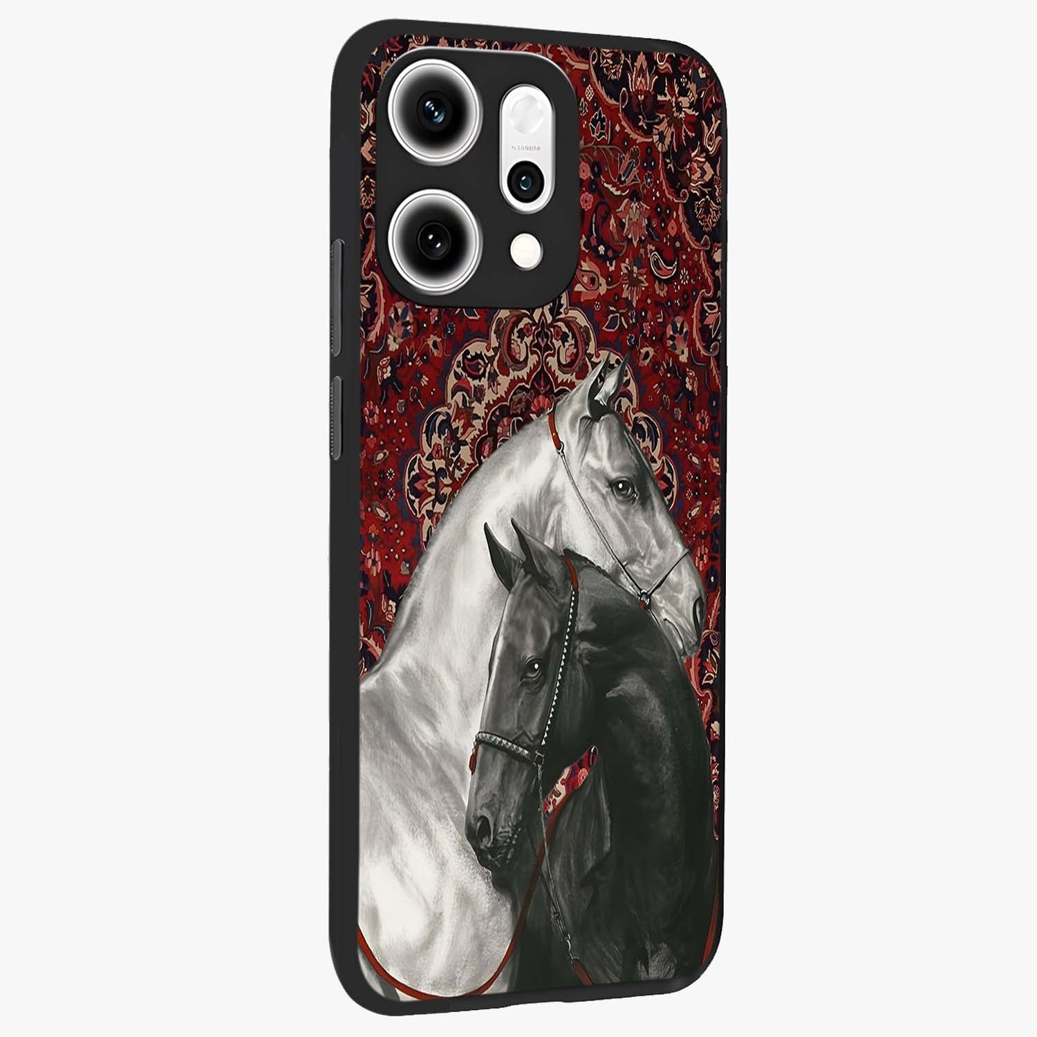 Regal Stallion Tapestry Glass Case upright view showcasing powerful horse artwork with elegant tapestry theme.