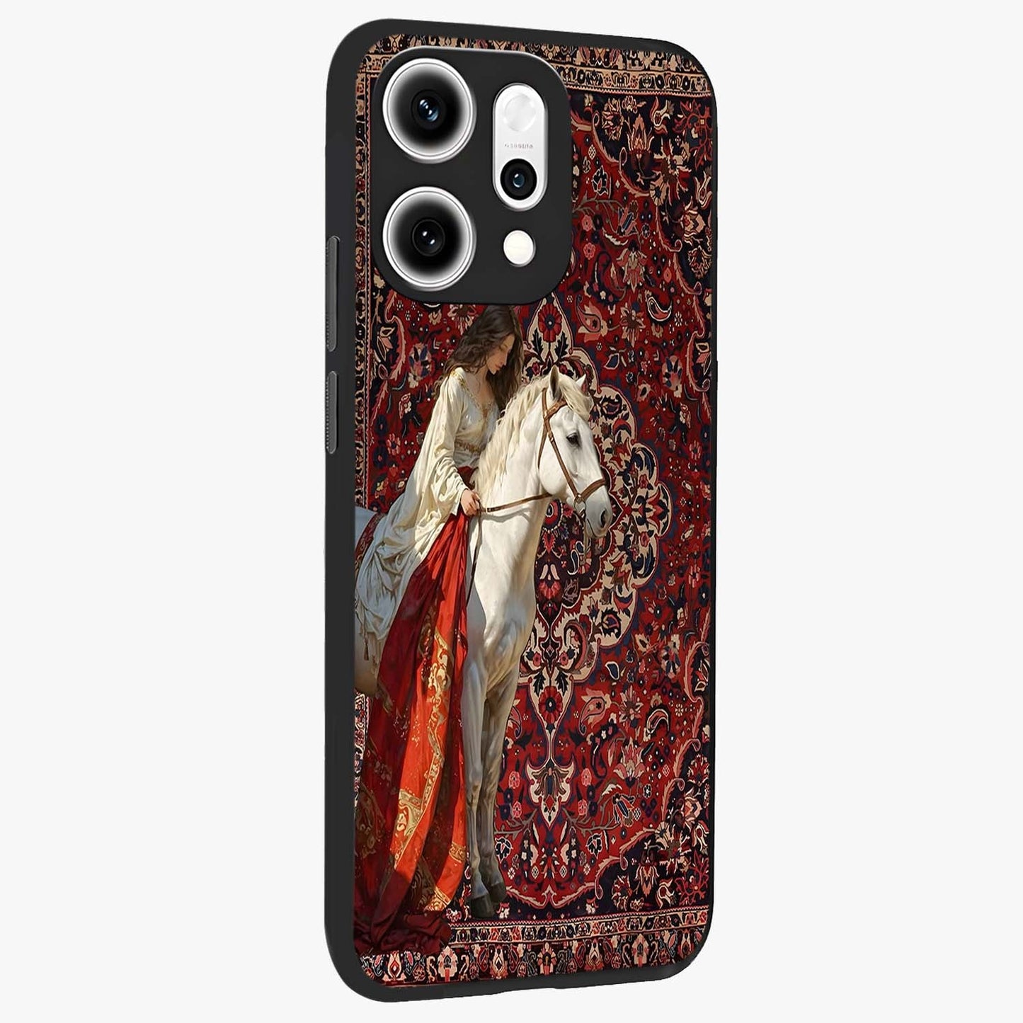 Royal Rider Tapestry Glass Case upright view showcasing detailed rider artwork with classic tapestry theme.
