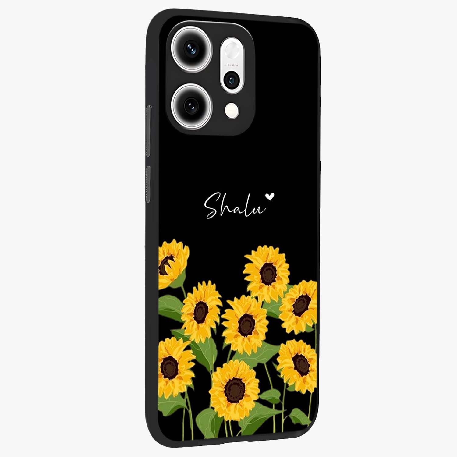 Sunflower Chic Mood Custom Name Glass Case upright view showcasing cheerful sunflower artwork with trendy floral theme.