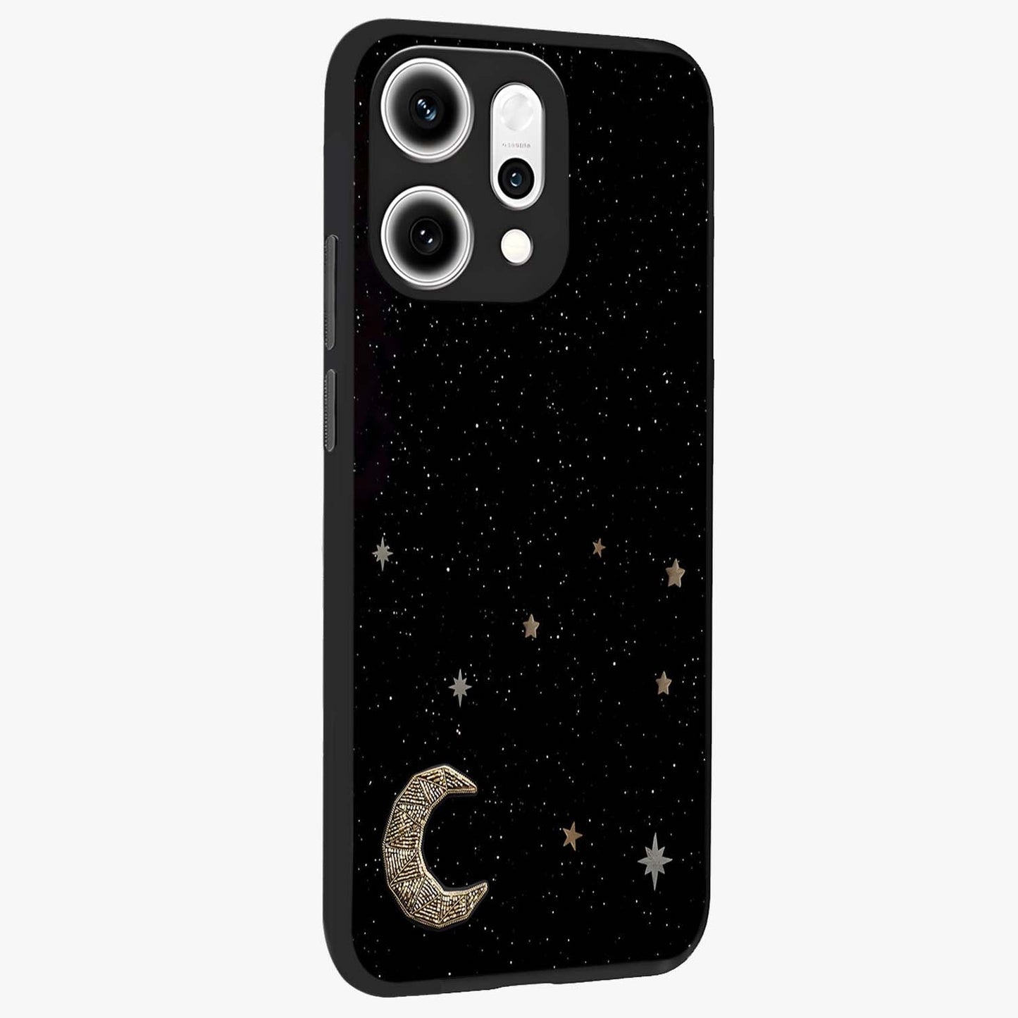 Twinkle Star With Half Moon Glass Case upright view showcasing glowing cosmic artwork with dreamy night theme.