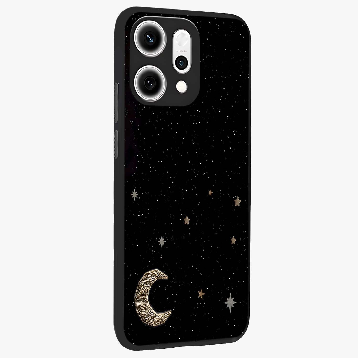 Twinkle Star With Half Moon Glass Case upright view showcasing glowing cosmic artwork with dreamy night theme.