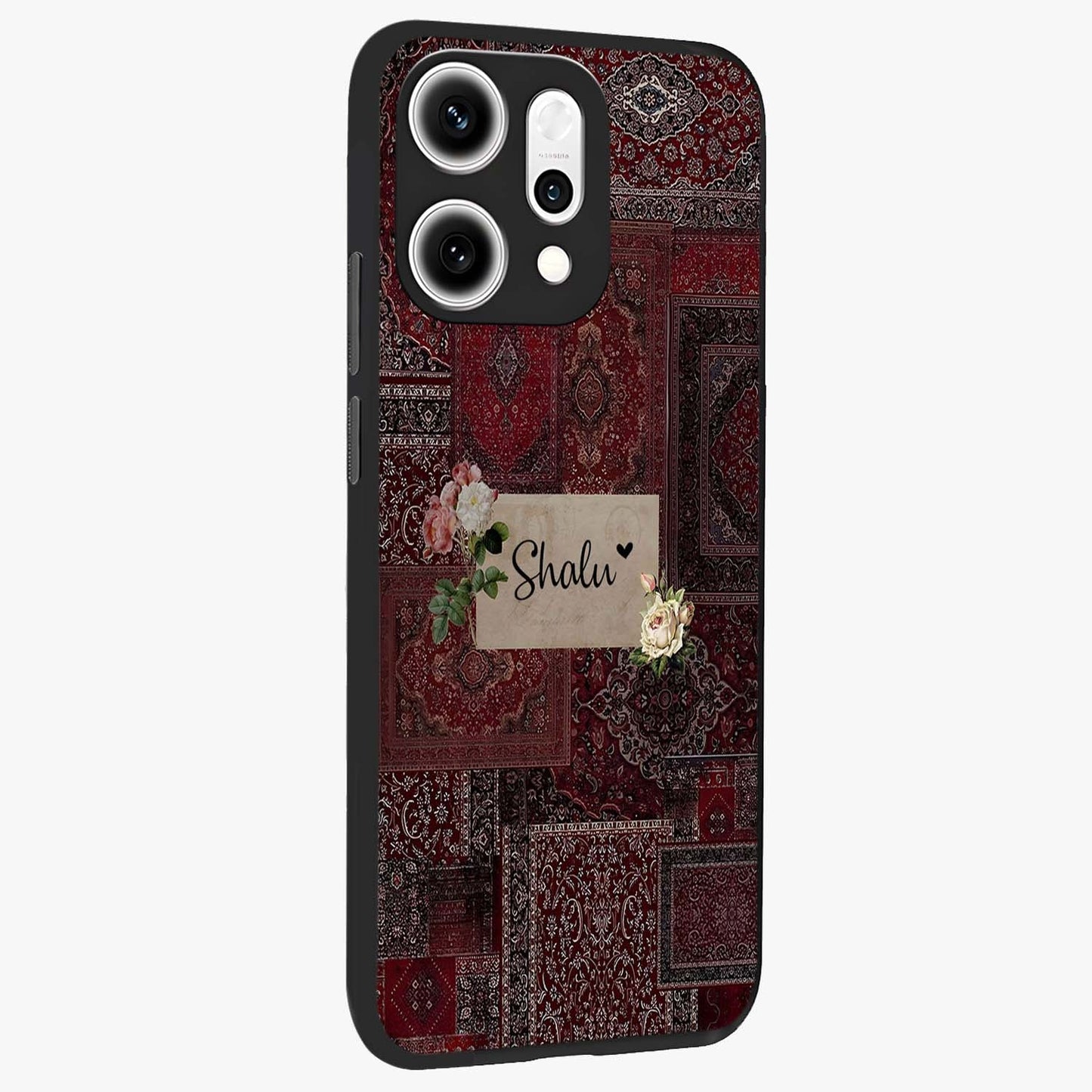 Velvet Wine Pattern Custom Name Glass Case upright view showcasing luxurious wine toned artwork with personalized aesthetic.