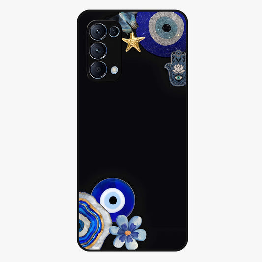 Aesthetic Blue Evil Eye Glass Case showing flat back view with protective evil eye artwork and glossy glass finish.