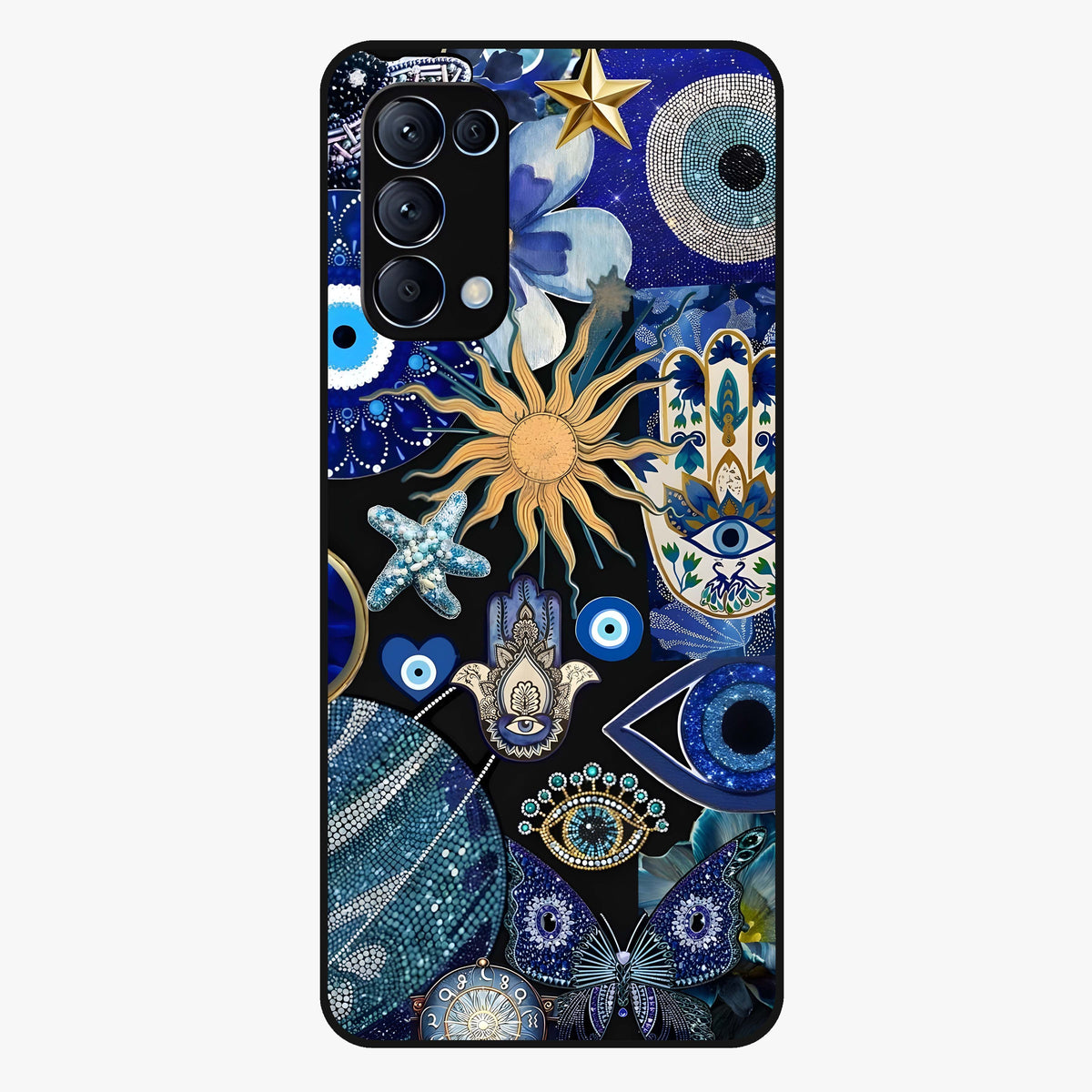 Evil Eye Charm Mix Glass Case showing flat back view with multiple evil eye charms artwork and glossy glass finish.