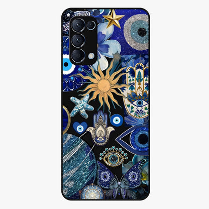 Evil Eye Charm Mix Glass Case showing flat back view with multiple evil eye charms artwork and glossy glass finish.