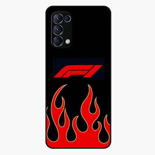 Fire F11 Glass Case showing flat back view with fiery themed artwork and glossy glass finish.