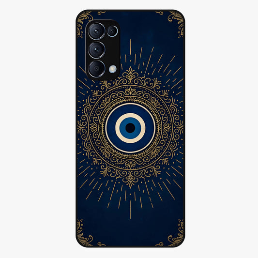 Golden Evil Eye Mandala Glass Case showing flat back view with intricate evil eye mandala artwork and glossy glass finish.