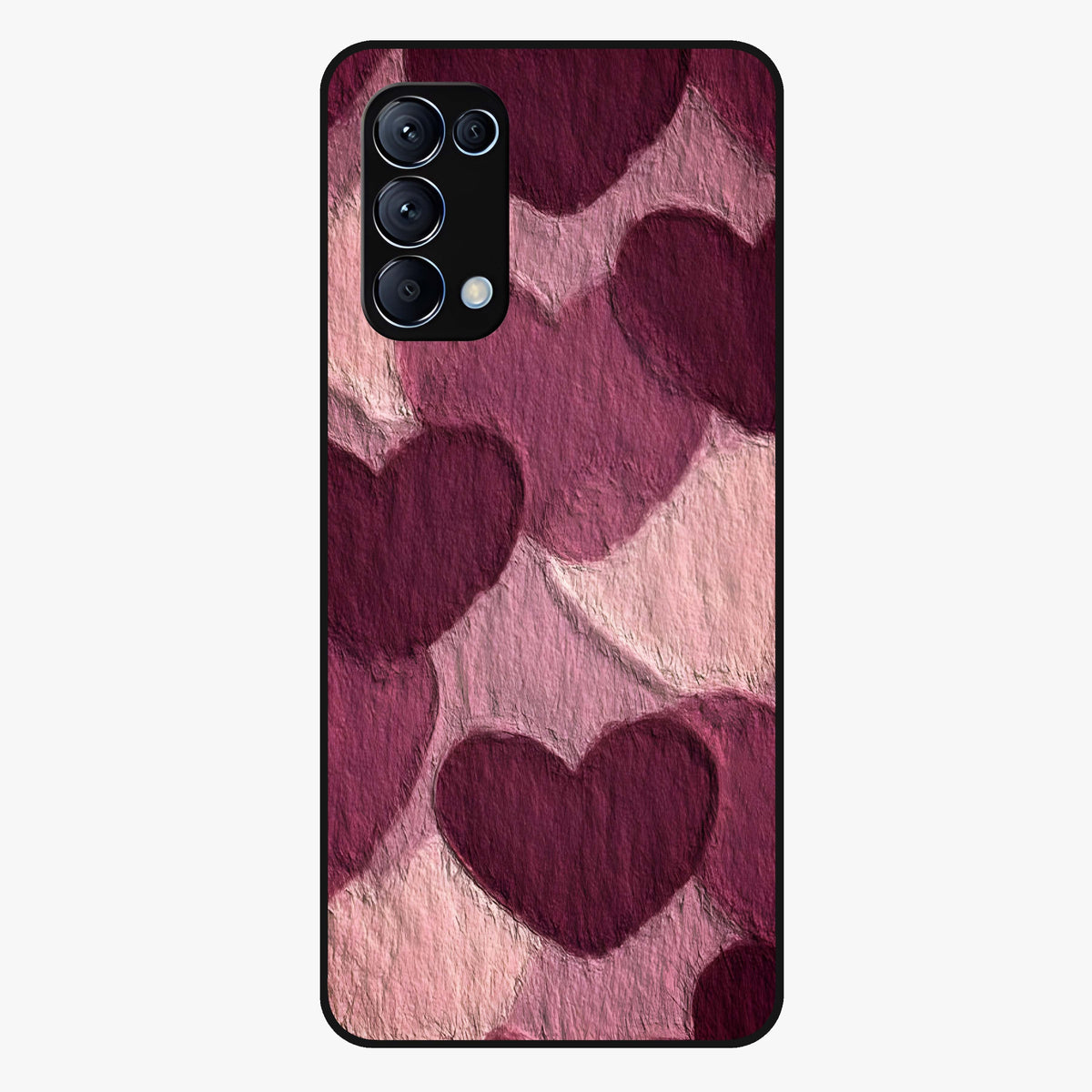 Layered Paper Hearts Glass Case showing flat back view with layered paper heart artwork and glossy glass finish.