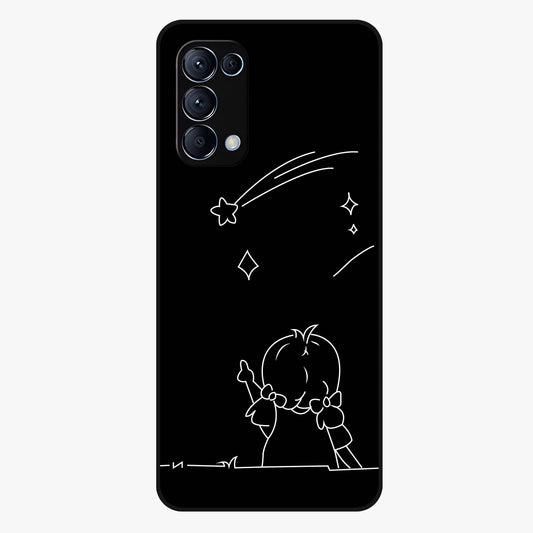 Line Art Girl With Shooting Stars Glass Case showing flat back view with minimal line art girl and shooting stars illustration and glossy glass finish.