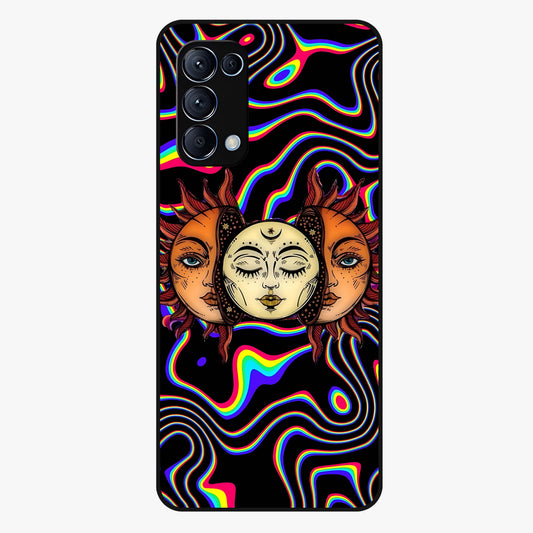 Psychedelic Sun Glass Case showing flat back view with colorful psychedelic sun artwork and glossy glass finish.