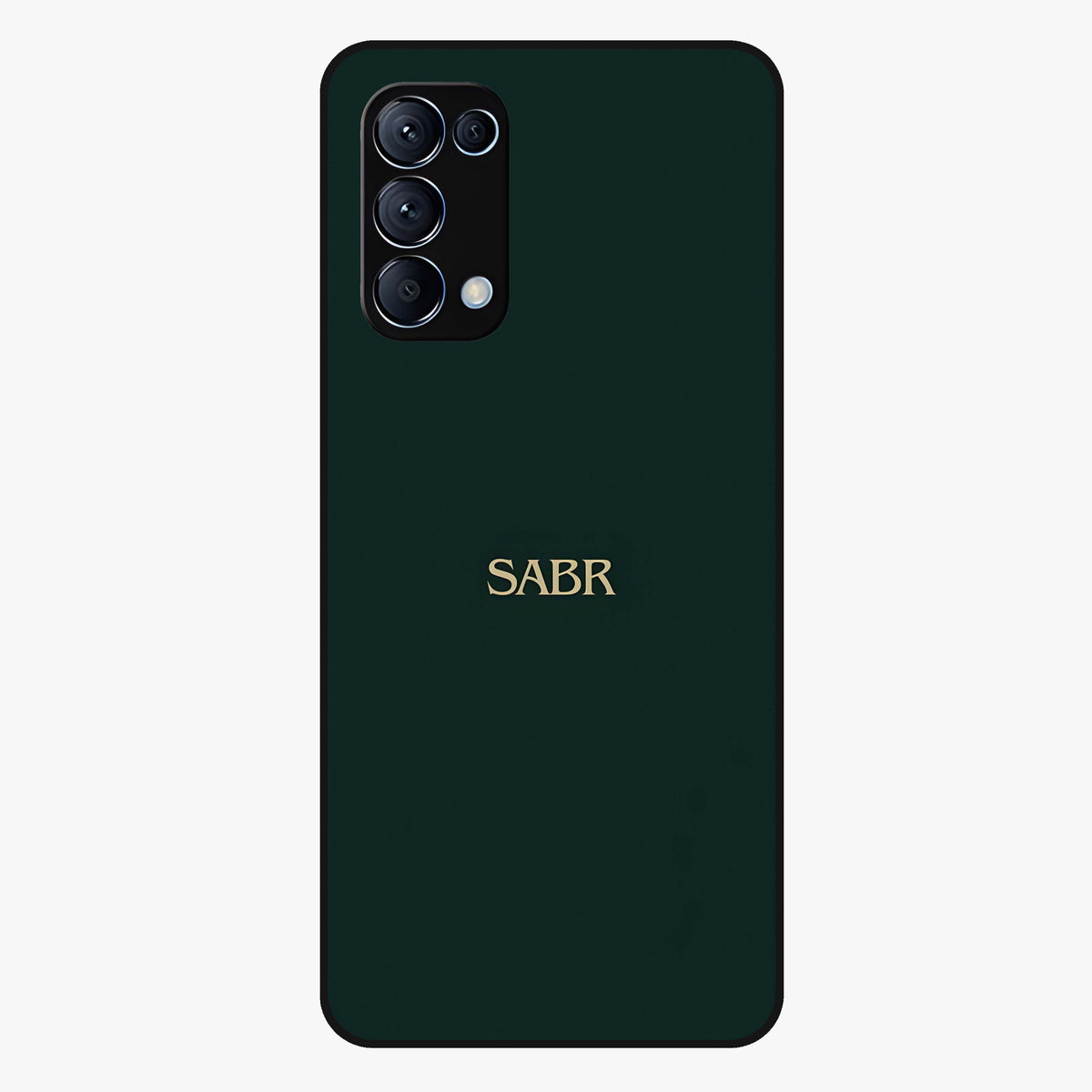 Sabr Minimal Patience Glass Case showing flat back view with minimalist typography artwork and glossy glass finish.