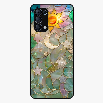 Stained Sunrise Glow Glass Case showing flat back view with glowing sunrise stained pattern artwork and glossy glass finish.