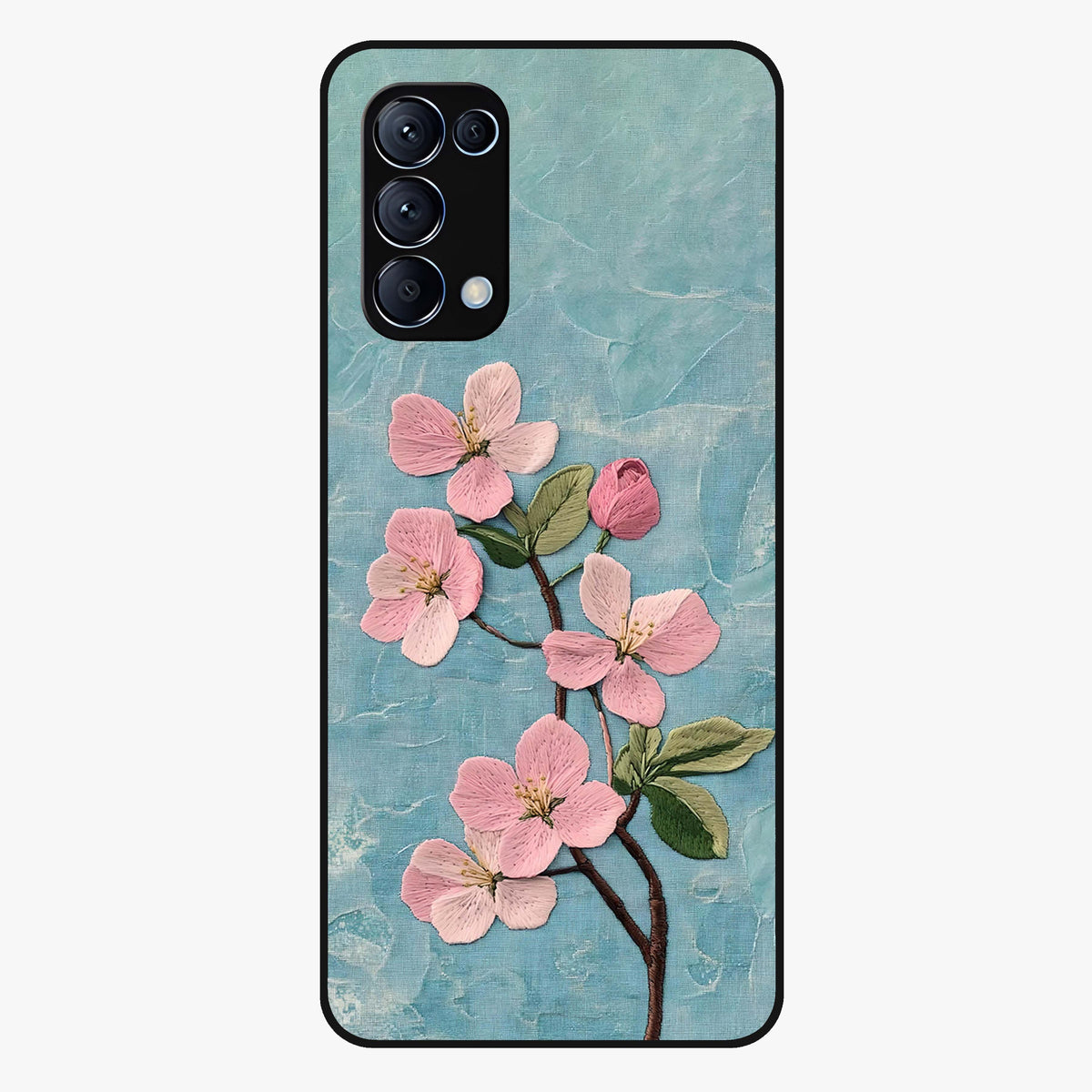 Threaded Blossom Breeze Glass Case showing flat back view with delicate blossom artwork and glossy glass finish.