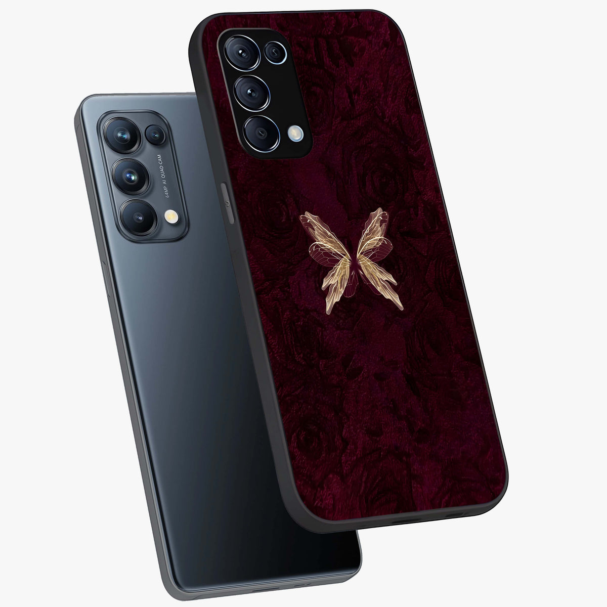 Crimson Fade Butterfly Glass Case displayed in angled mockup highlighting elegant butterfly design with crimson gradient aesthetic.