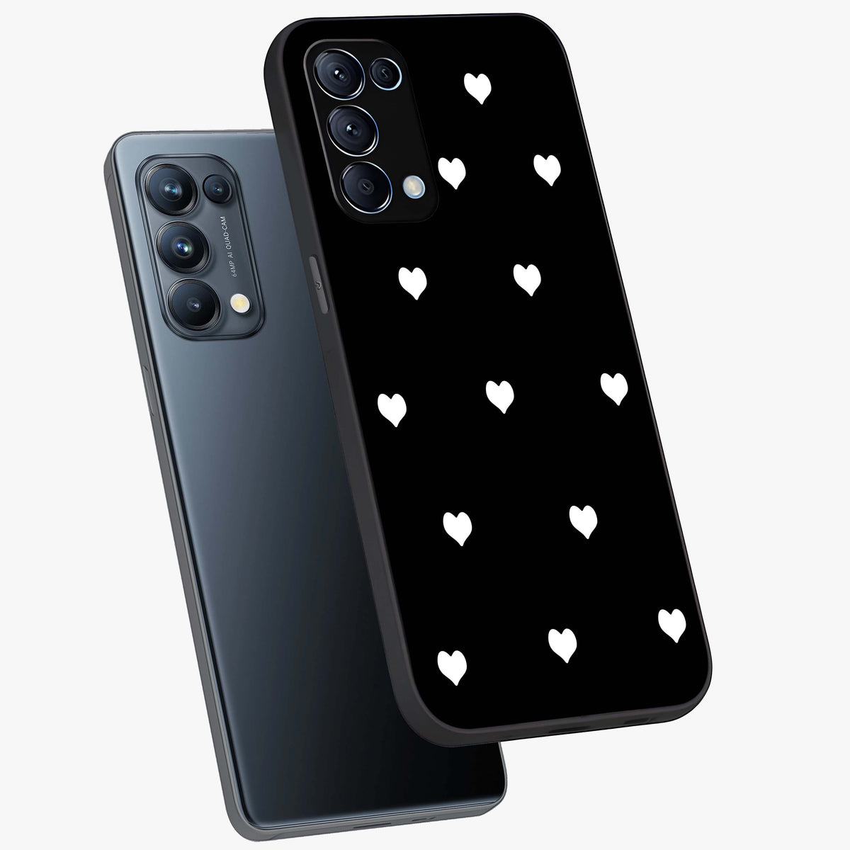 Cute And Simple White Hearts Glass Case displayed in angled mockup highlighting cute heart design with clean aesthetic style.