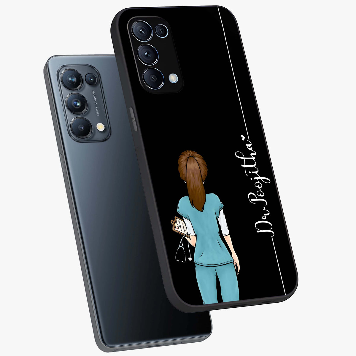 Doctor Pattern Custom Name Glass Case displayed in angled mockup highlighting doctor inspired artwork with custom name feature.