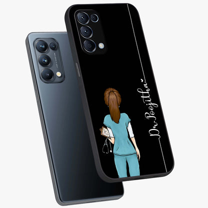 Doctor Pattern Custom Name Glass Case displayed in angled mockup highlighting doctor inspired artwork with custom name feature.