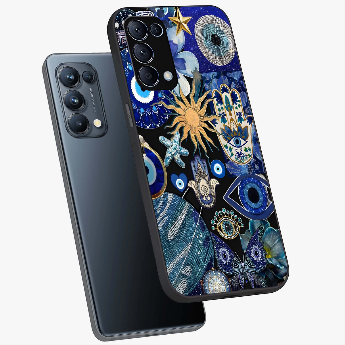 Evil Eye Charm Mix Glass Case displayed in angled mockup highlighting protective evil eye symbols with spiritual aesthetic design.