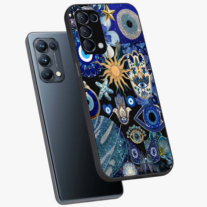 Evil Eye Charm Mix Glass Case displayed in angled mockup highlighting protective evil eye symbols with spiritual aesthetic design.